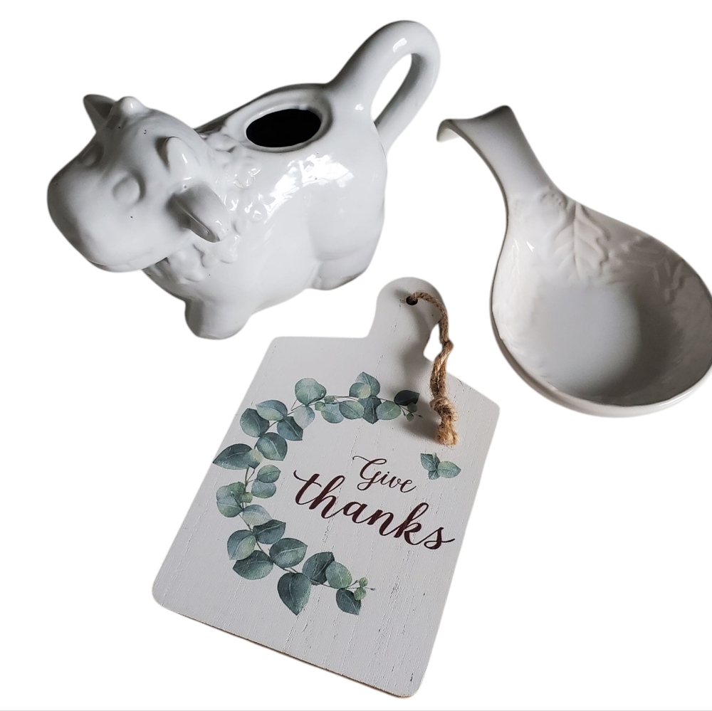 White Ceramic Cow Creamer, Spoon Rest, & Small Cutting Board Decor